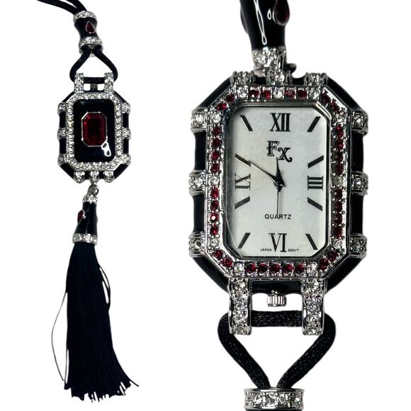 FX by Xavier "Jazz Age" Ruby Red Crystal and Black Enamel Tassel Pendant Watch - Picture 1 of 5